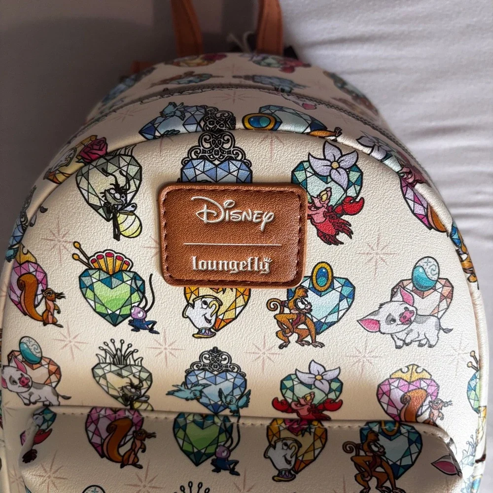 Disney Loungefly Princess Gems Sidekicks AOP Mini Backpack Cream Brown New